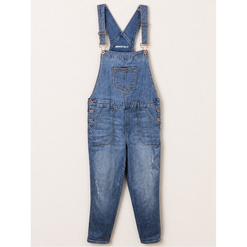 American Rag Denim Overalls Blue Juniors Size 17 Distressed Tapered Leg